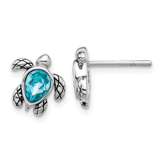 Sterling Silver RH-plated Antiqued Crystal Dec Birthstone Turtle Earrings