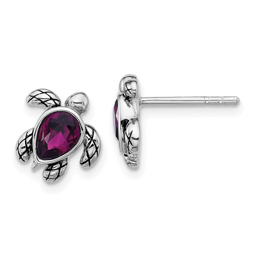 Sterling Silver RH-plated Antiqued Crystal Feb Birthstone Turtle Earrings