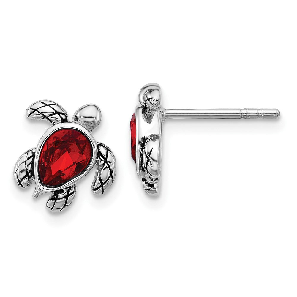Sterling Silver RH-plated Antiqued Crystal July Birthstone Turtle Earrings