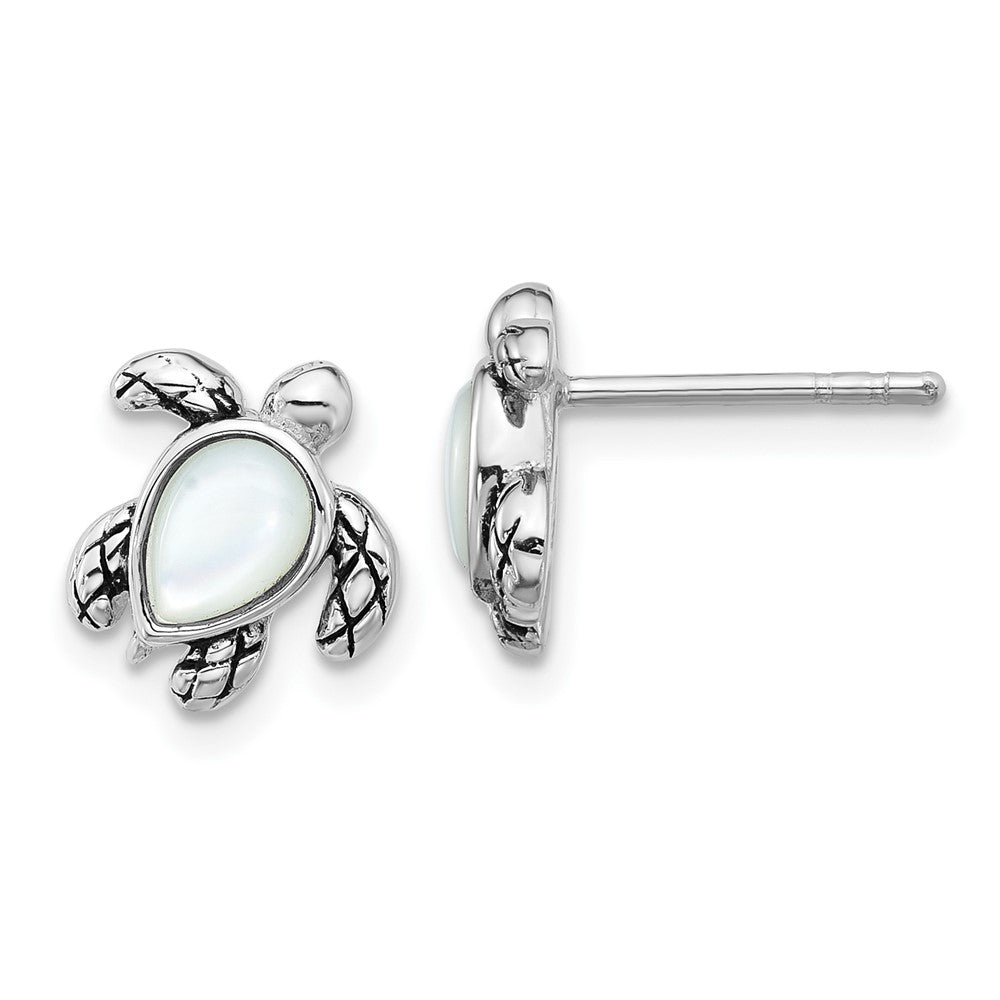 Sterling Silver RH-plated Antiqued MOP June Birthstone Turtle Earrings