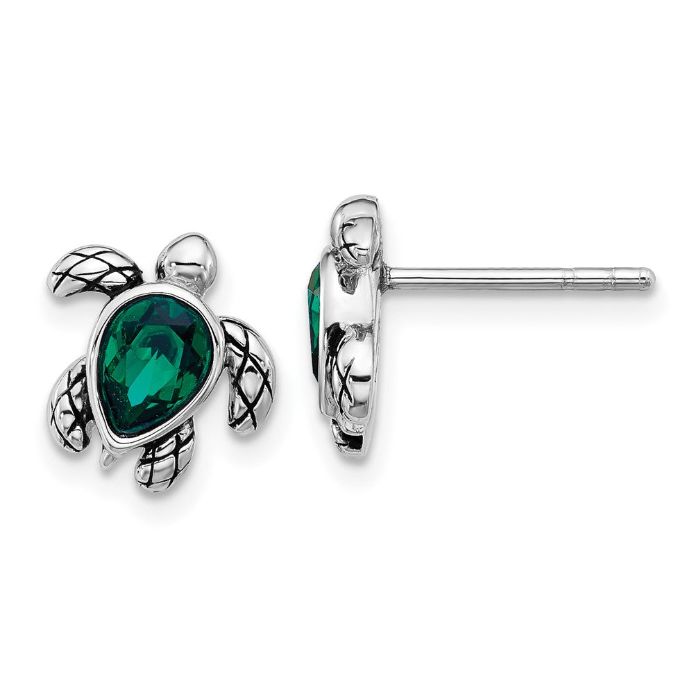 Sterling Silver RH-plated Antiqued Crystal May Birthstone Turtle Earrings