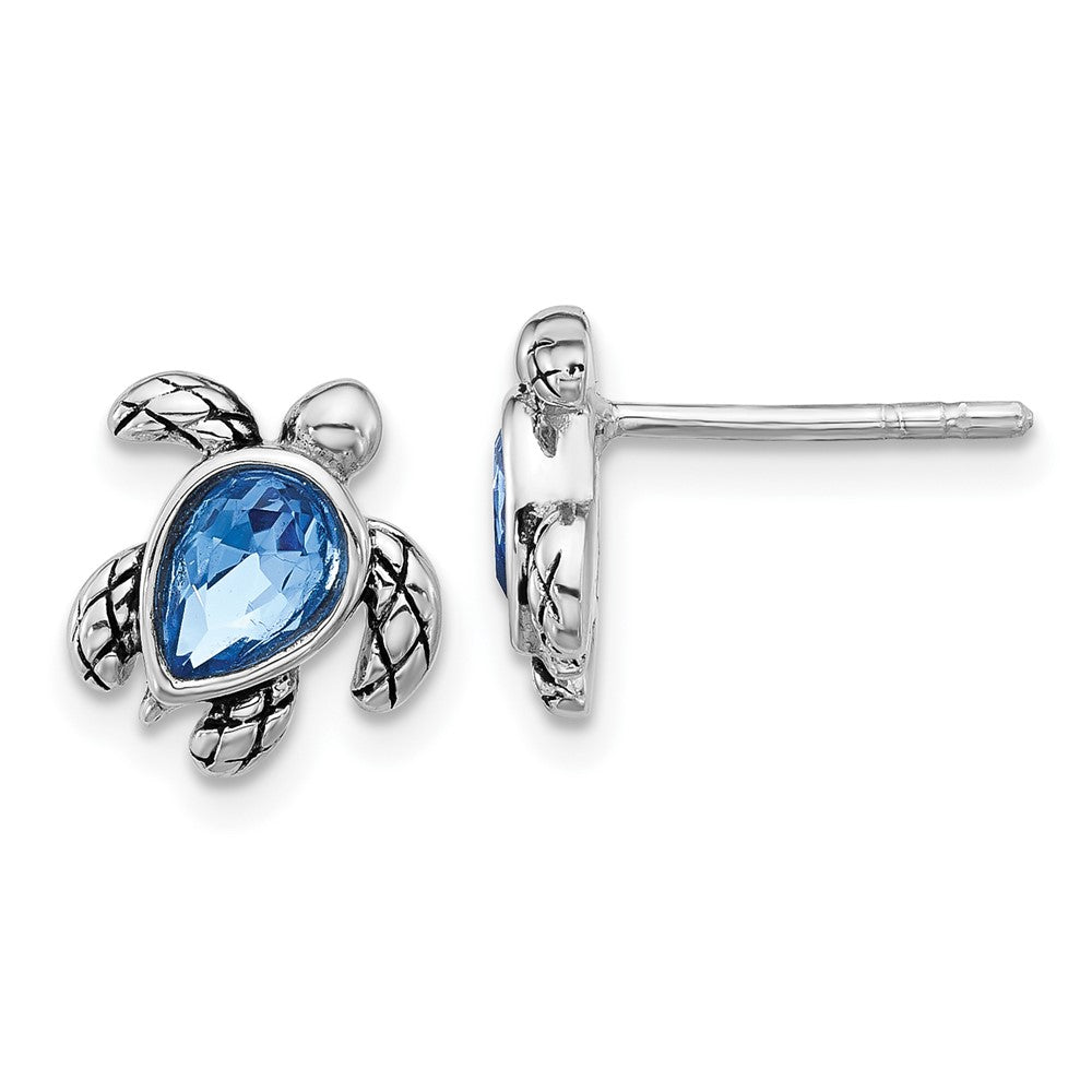 Sterling Silver RH-plated Antiqued Crystal Sep Birthstone Turtle Earrings