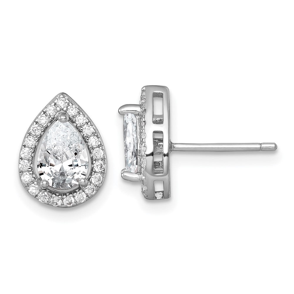Sterling Silver RH-plated Polished 11x9mm Halo Pear CZ Post Earrings