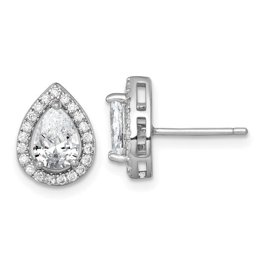 Sterling Silver RH-plated Polished 11x9mm Halo Pear CZ Post Earrings