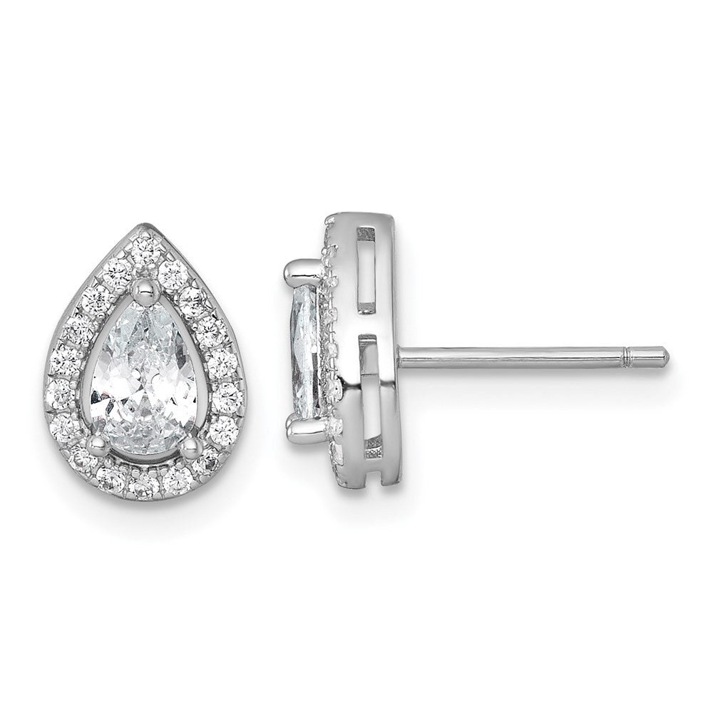 Sterling Silver RH-plated Polished 10x7mm Halo Pear CZ Post Earrings