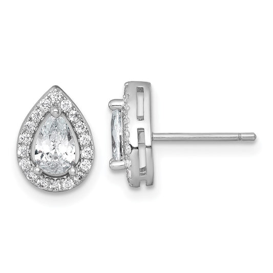Sterling Silver RH-plated Polished 10x7mm Halo Pear CZ Post Earrings