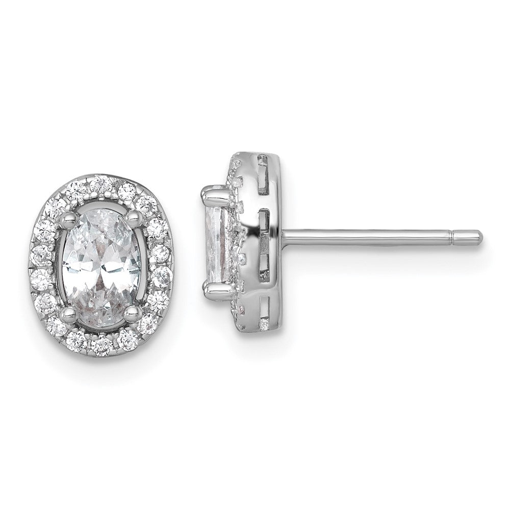 Sterling Silver RH-pltd Polished 9.5x7mm Oval Halo CZ Post Earrings