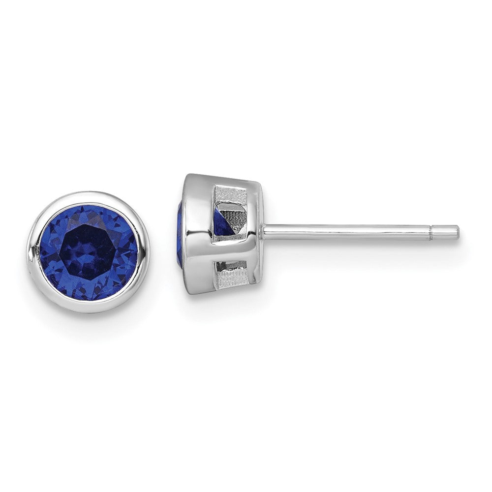 Sterling Silver RH-plated Polished Bezel Set 6.2mm Blue CZ Stud Earrings