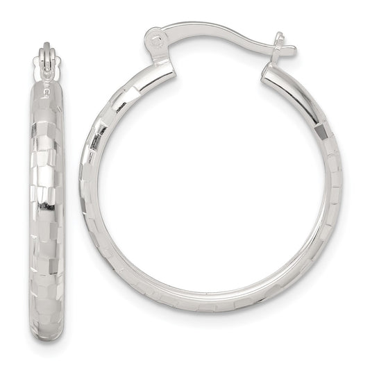 Sterling Silver Polished Diamond-cut 25x3mm Round Hoop Earrings