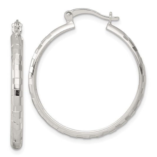 Sterling Silver Polished Diamond-cut 30x3mm Round Hoop Earrings