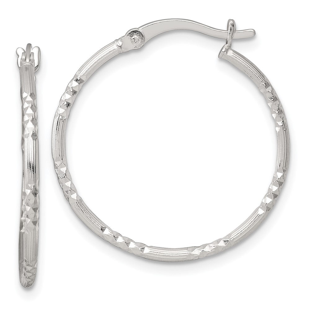 Sterling Silver Polished D/C Textured 25x1.5mm Round Hoop Earrings
