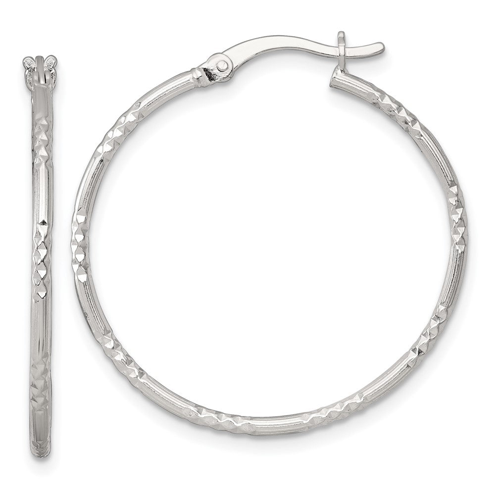 Sterling Silver Polished D/C Textured 30x1.5mm Round Hoop Earrings