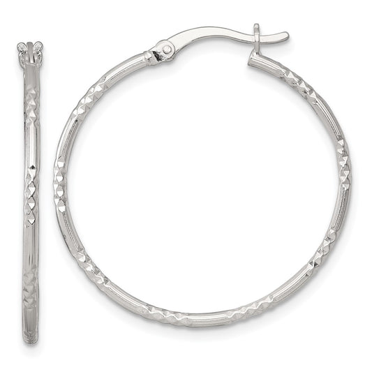 Sterling Silver Polished D/C Textured 30x1.5mm Round Hoop Earrings