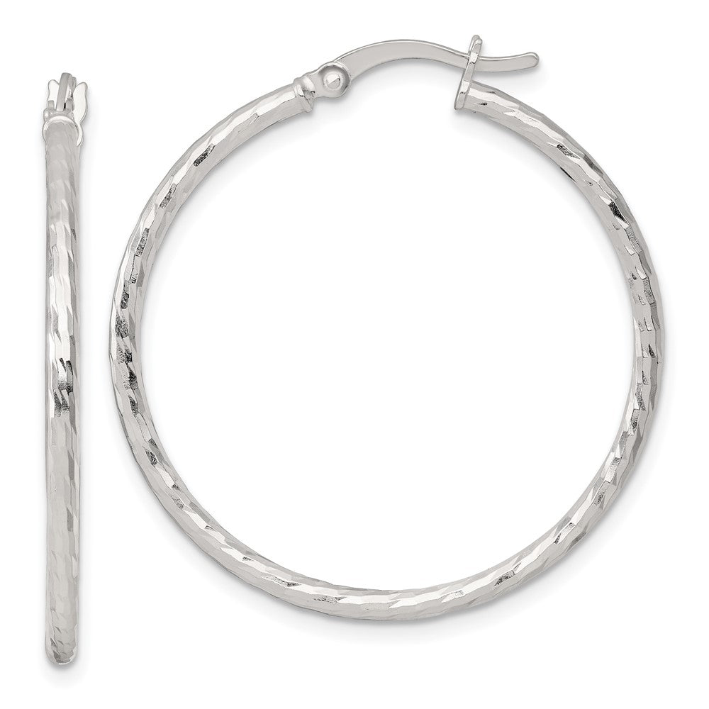 Sterling Silver Polished Diamond-cut 35x2mm Round Hoop Earrings