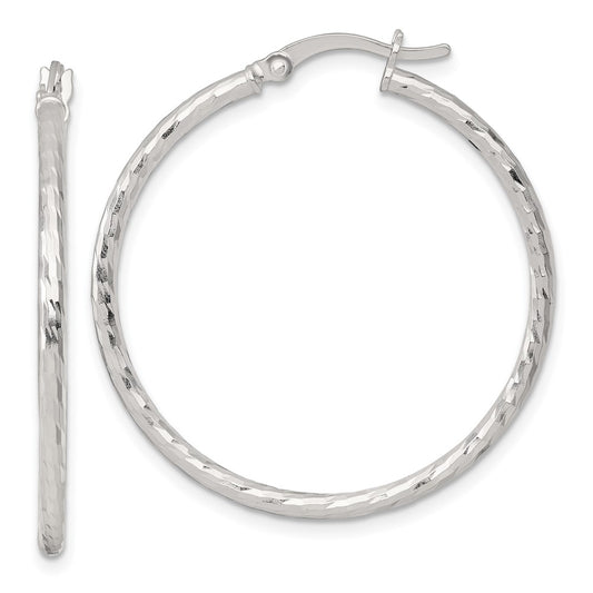 Sterling Silver Polished Diamond-cut 35x2mm Round Hoop Earrings