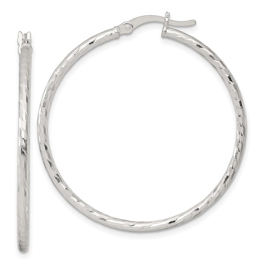 Sterling Silver Polished Diamond-cut 40x2mm Round Hoop Earrings