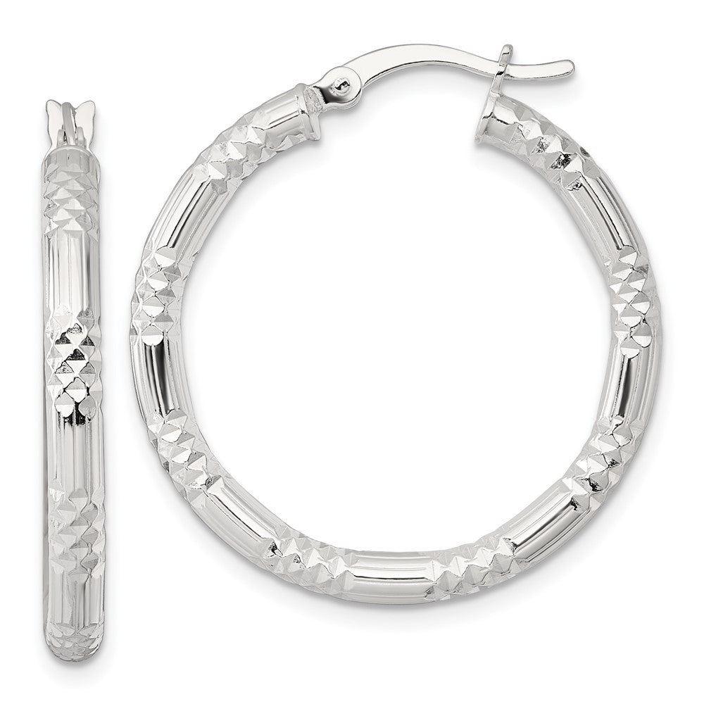SS Polished D/C Textured 30x3.25mm Round Hoop Earrings