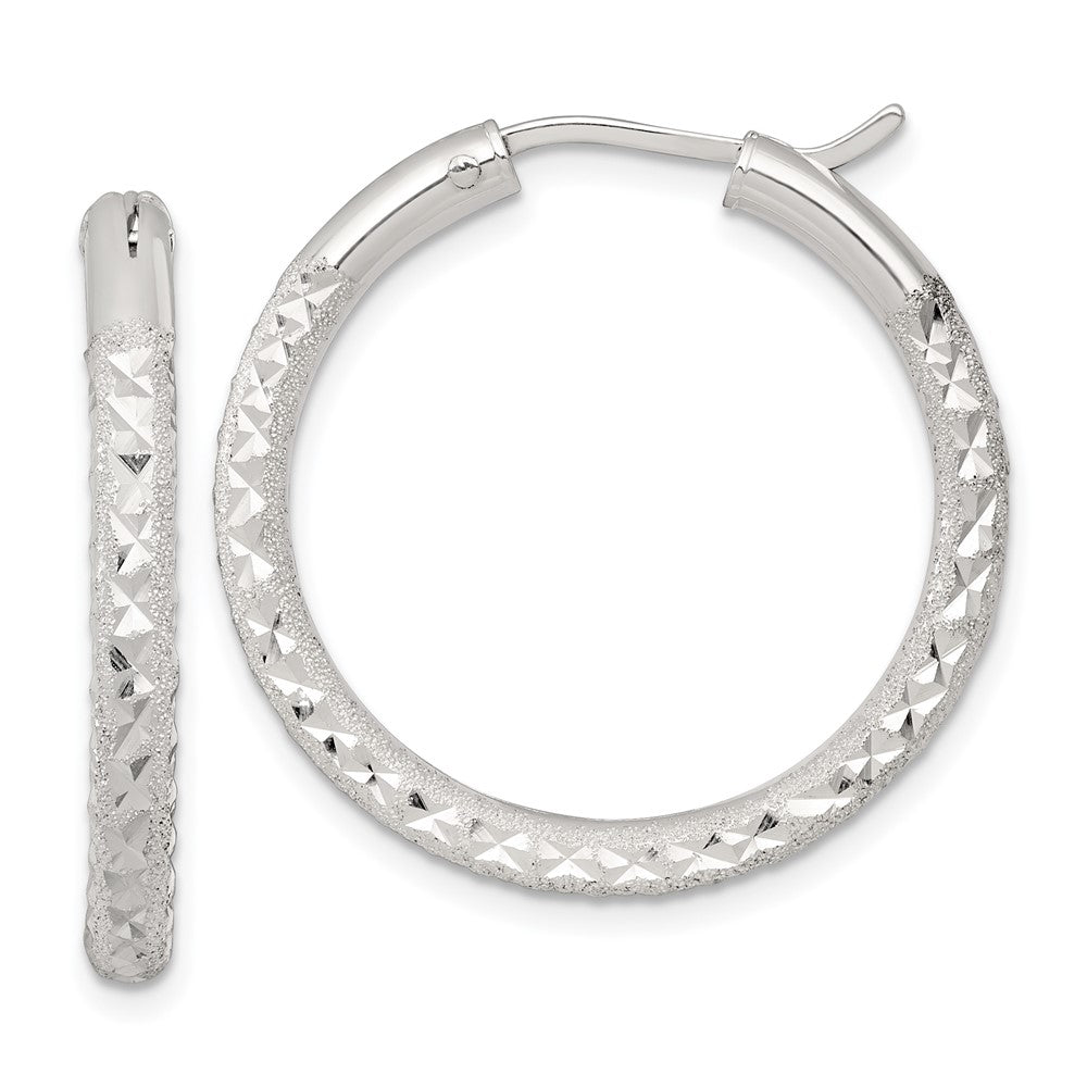 Sterling Silver Laser/Dia-cut 30x3.25mm Hidden Catch Round Hoop Earrings