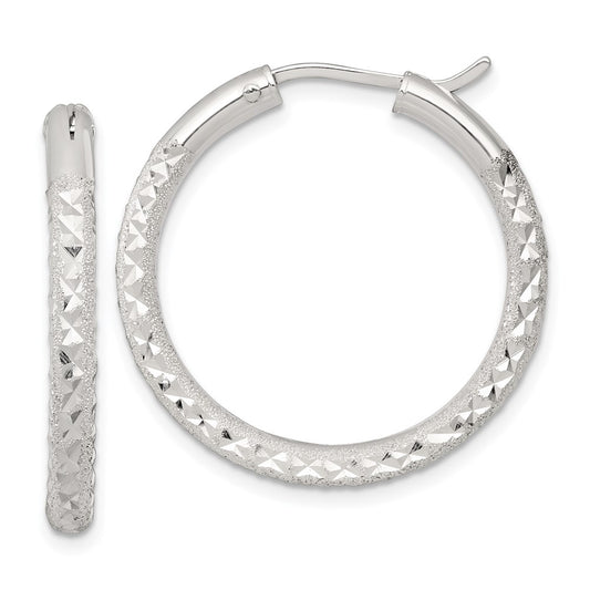 Sterling Silver Laser/Dia-cut 30x3.25mm Hidden Catch Round Hoop Earrings