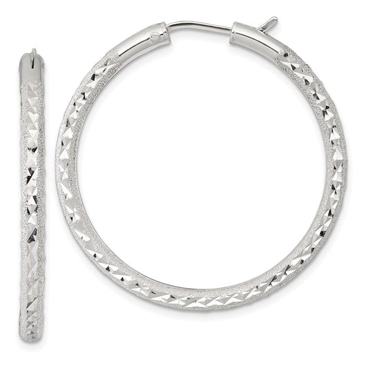 Sterling Silver Laser/Dia-cut 40x3.25mm Hidden Catch Round Hoop Earrings