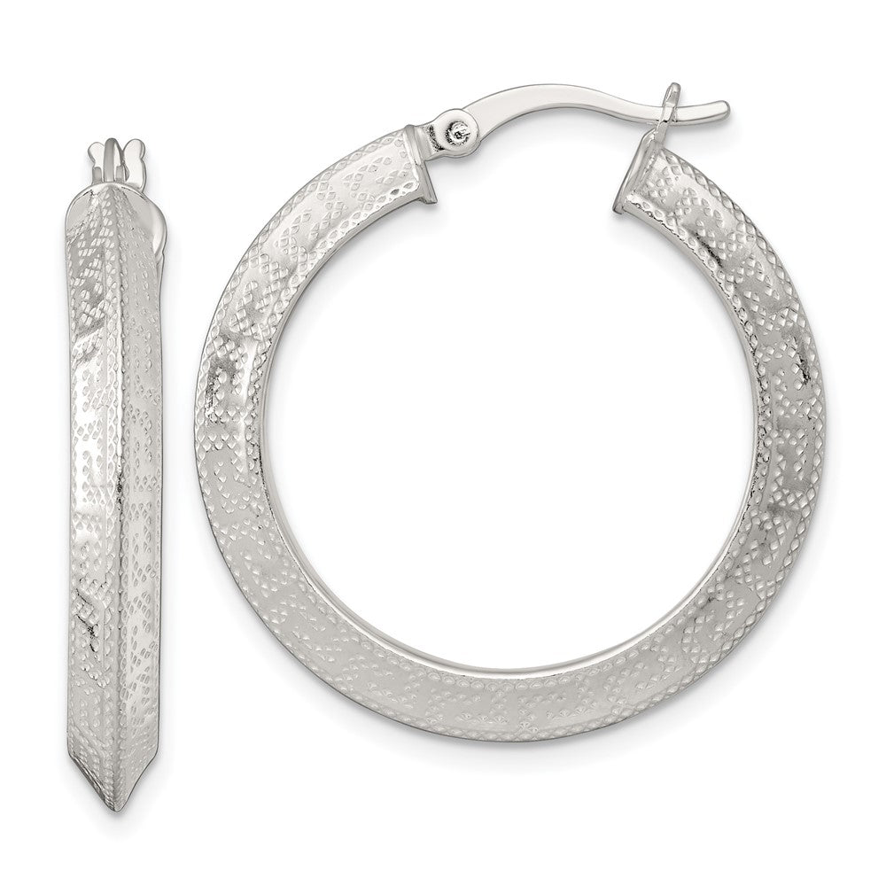 SS Textured 30x4.0mm Knife Edge Greek Key Round Hoop Earrings