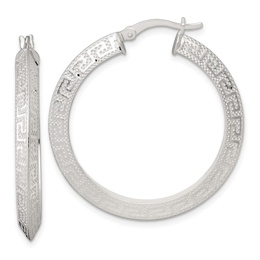 SS Textured 35x4.0mm Knife Edge Greek Key Round Hoop Earrings
