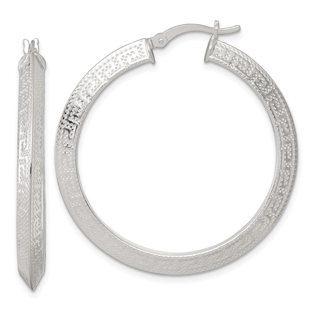SS Textured 40x4.0mm Knife Edge Greek Key Round Hoop Earrings