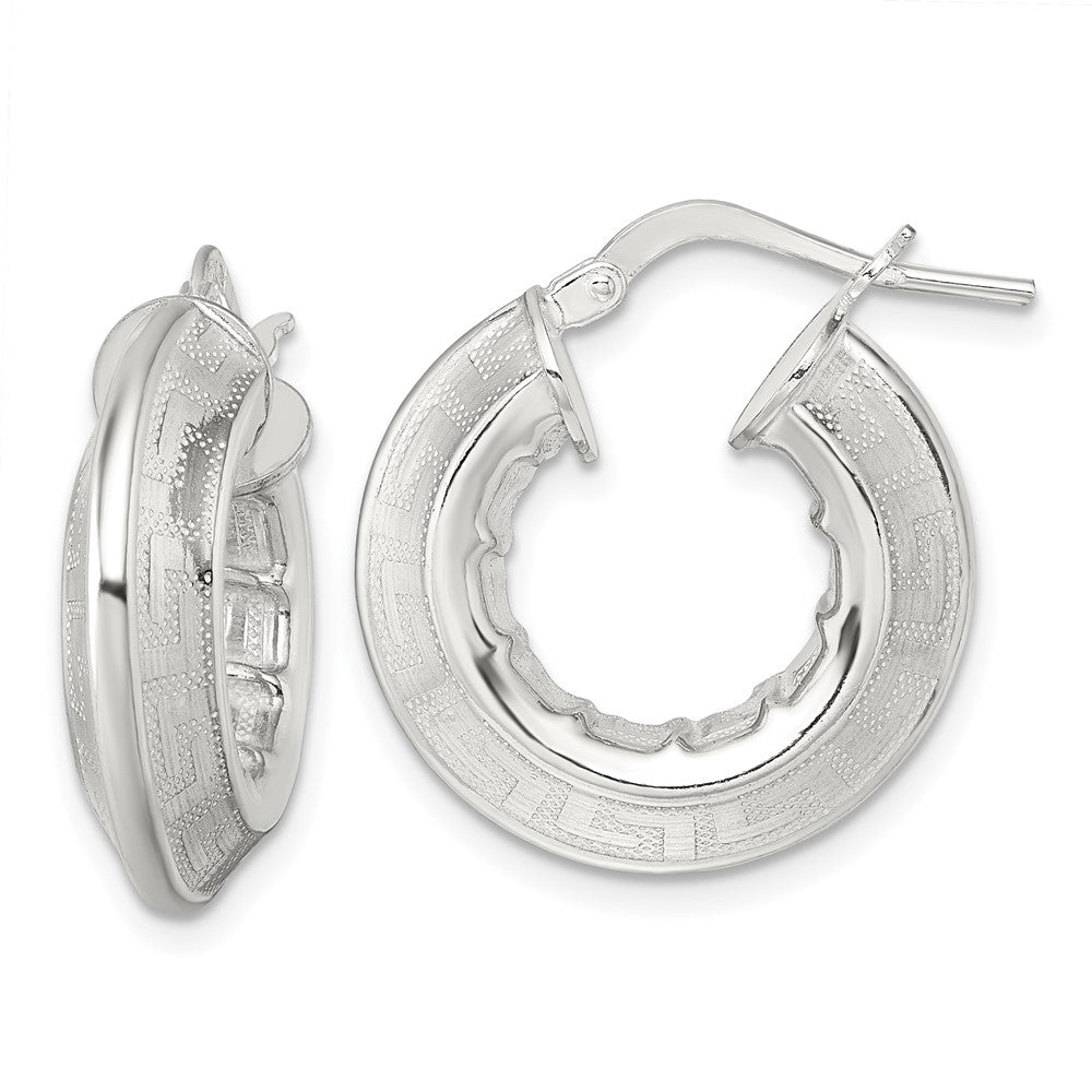 Sterling Silver Polished Greek Key Knife Edge Hoop Earrings