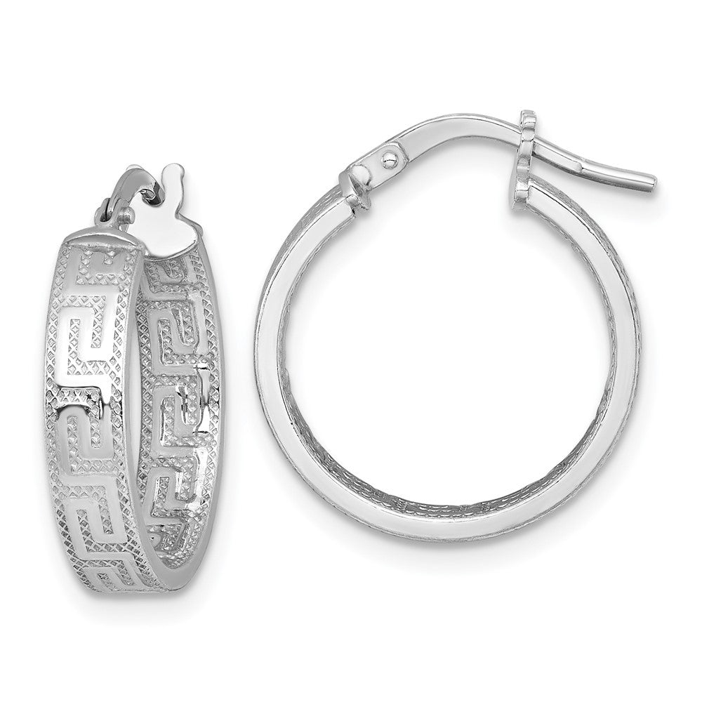 Sterling Silver RH-plated Polished Textured Greek Key Hoop Earrings