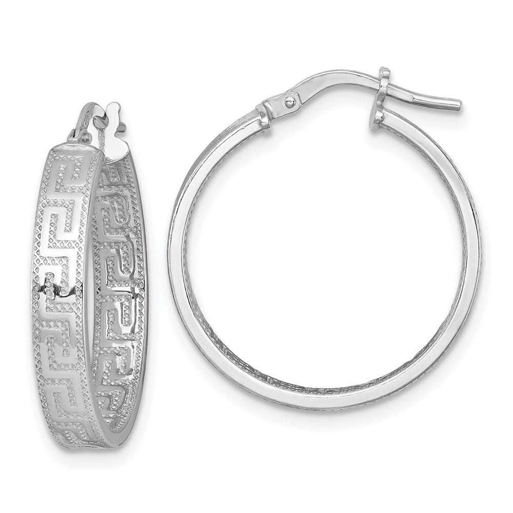Sterling Silver RH-plated Polished Textured Greek Key Hoop Earrings