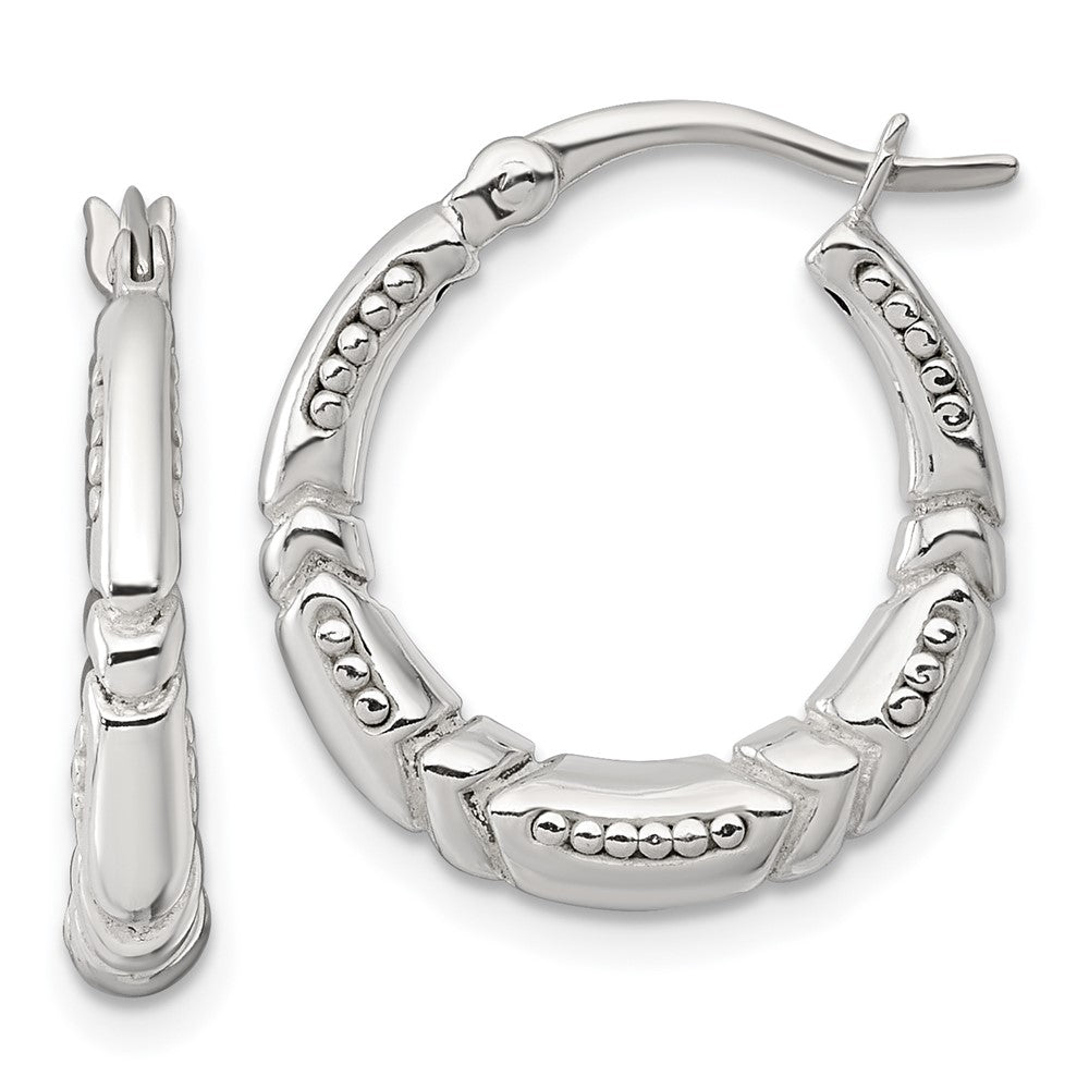 Sterling Silver Polished Beaded and Grooved Round Hoop Earrings