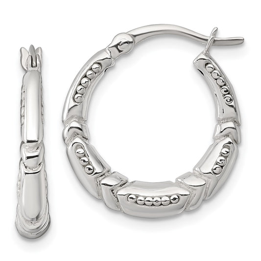 Sterling Silver Polished Beaded and Grooved Round Hoop Earrings