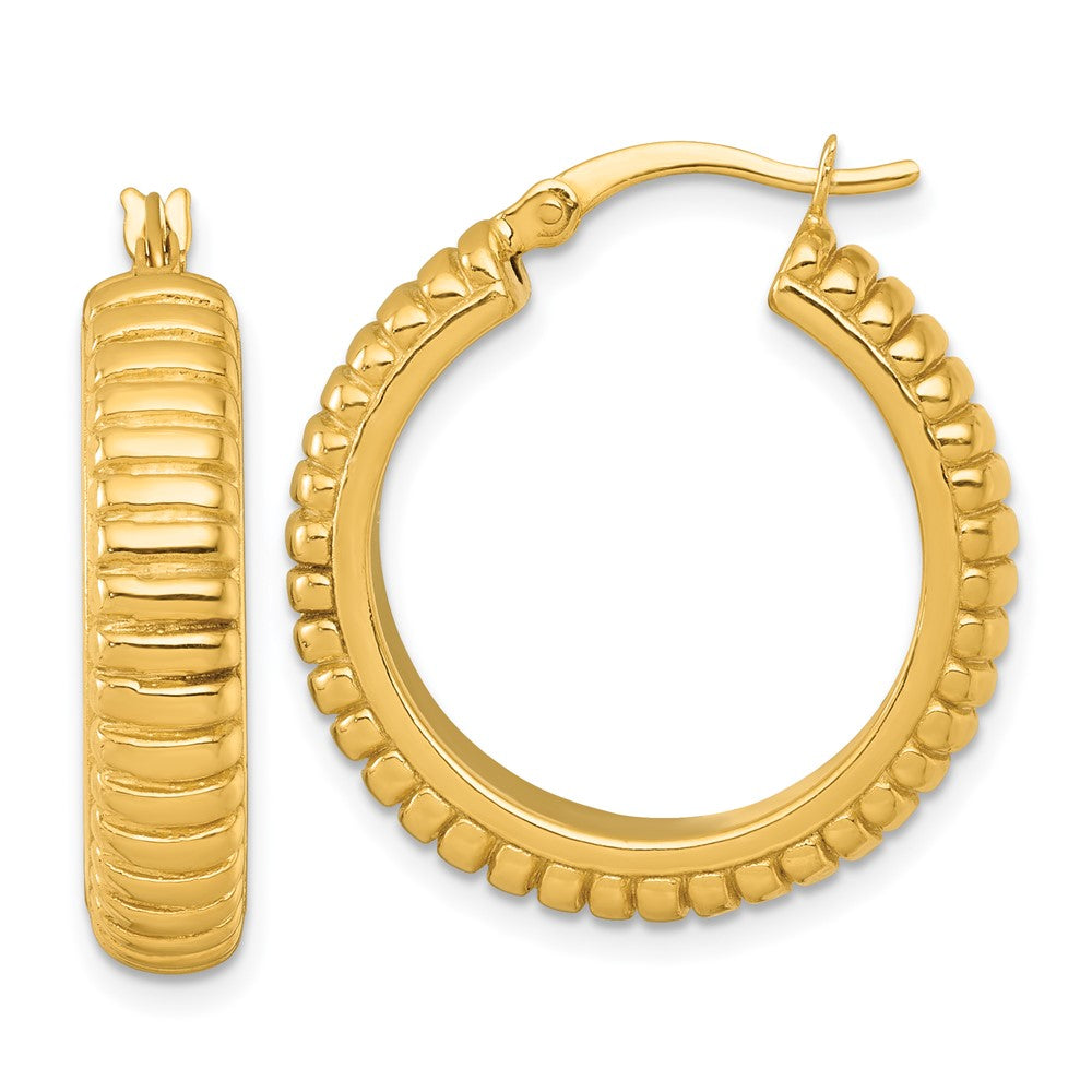 SS Gold-tone Polished and Grooved 26x6mm Round Hoop Earrings