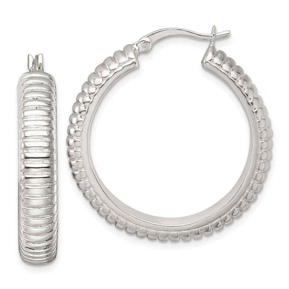 Sterling Silver Polished and Grooved 32x6mm Round Hoop Earrings