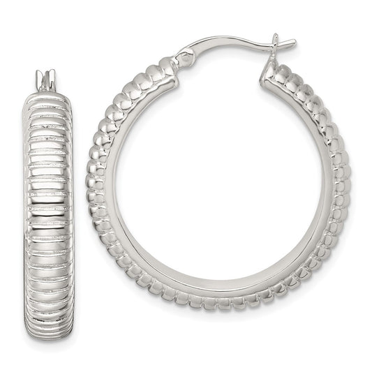 Sterling Silver Polished and Grooved 32x6mm Round Hoop Earrings