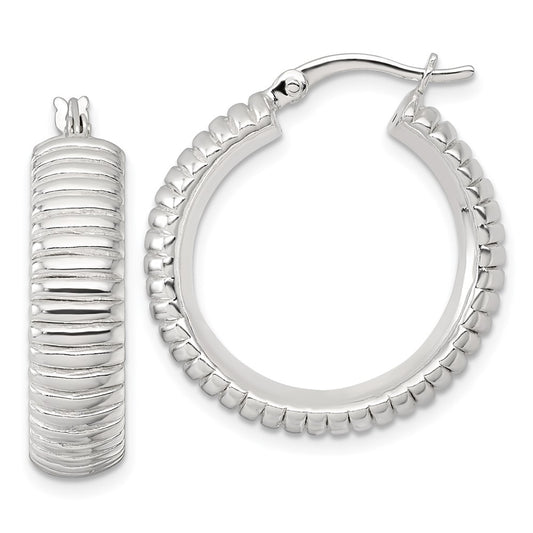 Sterling Silver Polished and Grooved 26x7mm Round Hoop Earrings