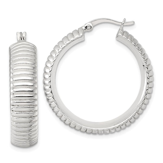 Sterling Silver Polished and Grooved 32x7.5mm Round Hoop Earrings
