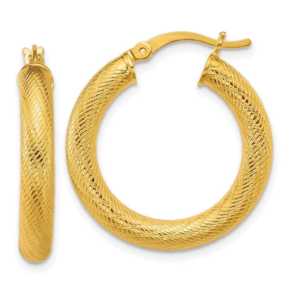 SS Gold-tone Polished and Textured 4.0mm Round Hoop Earrings