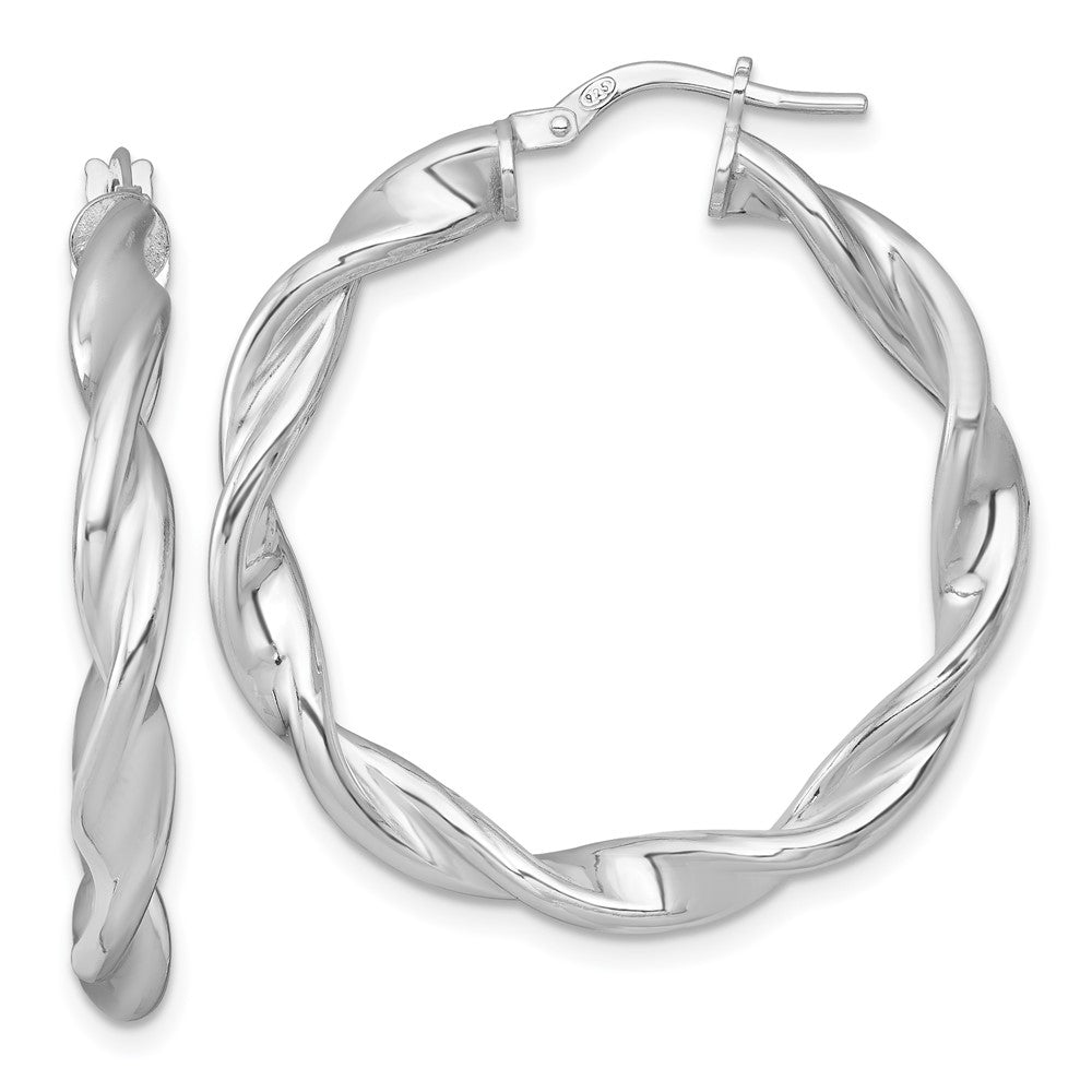 Sterling Silver RH-plated Polished and Twisted Round Hoop Earrings
