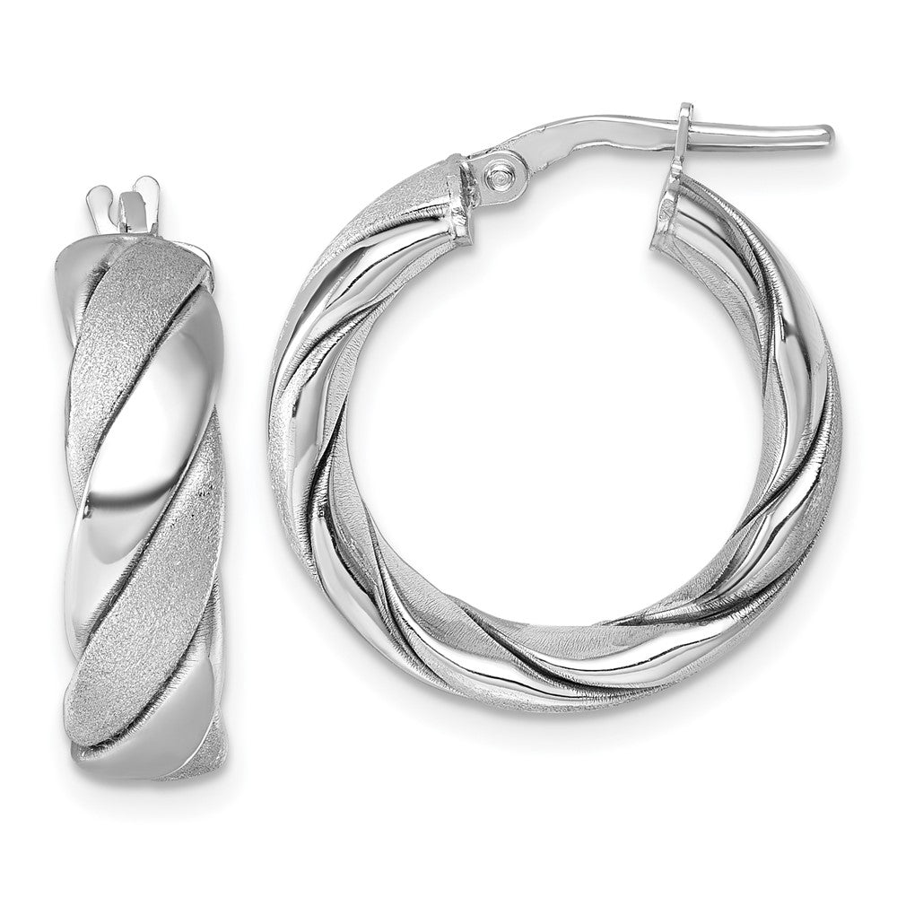Sterling Silver Rh-plated Polished and Scratch Finish Twisted Hoop Earrings