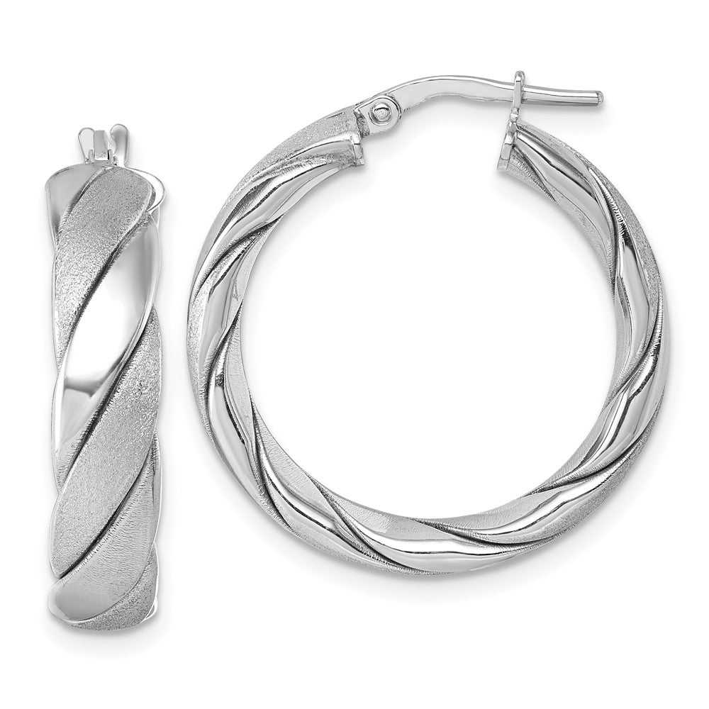 Sterling Silver Rh-plated Polished and Scratch Finish Twisted Hoop Earrings