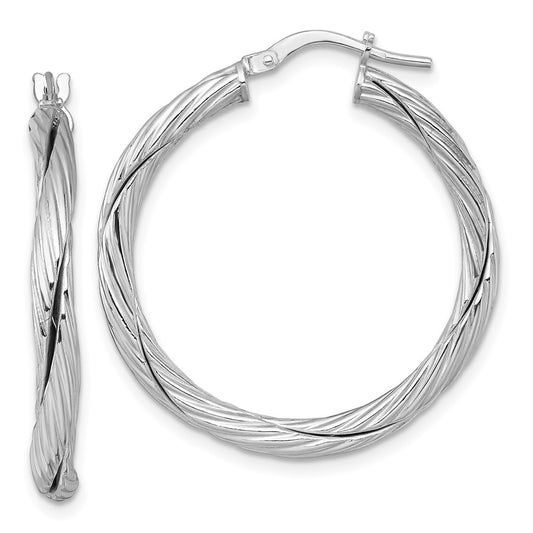 Sterling Silver RH-plated Polished and Twisted Round Hoop Earrings