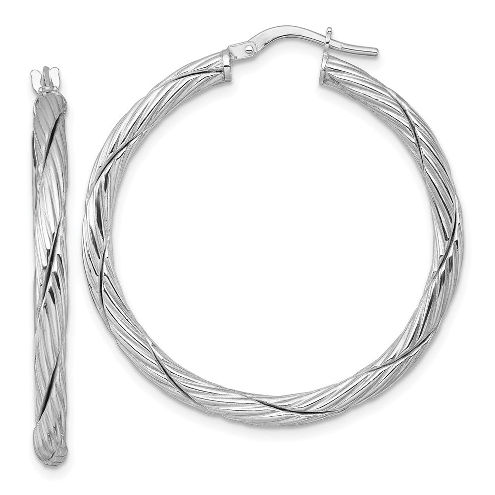 Sterling Silver RH-plated Polished and Twisted Round Hoop Earrings