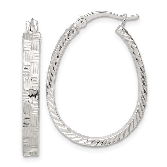 Sterling Silver Polished Diamond-cut 4.0mm Oval Hoop Earrings