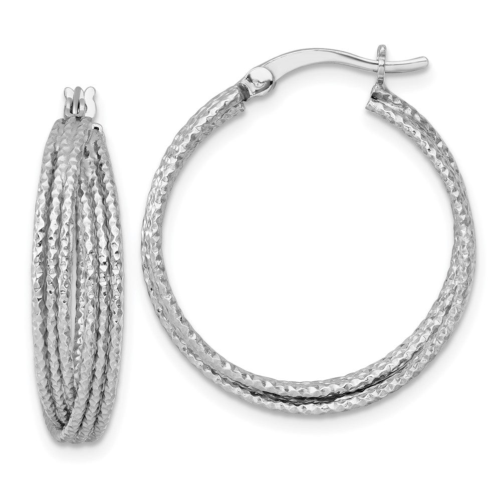 SS RH-plated Textured 25.0mm Crisscross Round Hoop Earrings