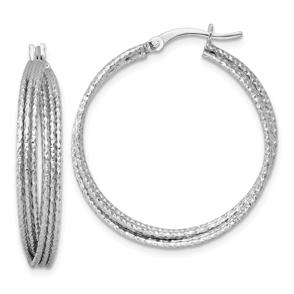 SS RH-plated Textured 31.0mm Crisscross Round Hoop Earrings