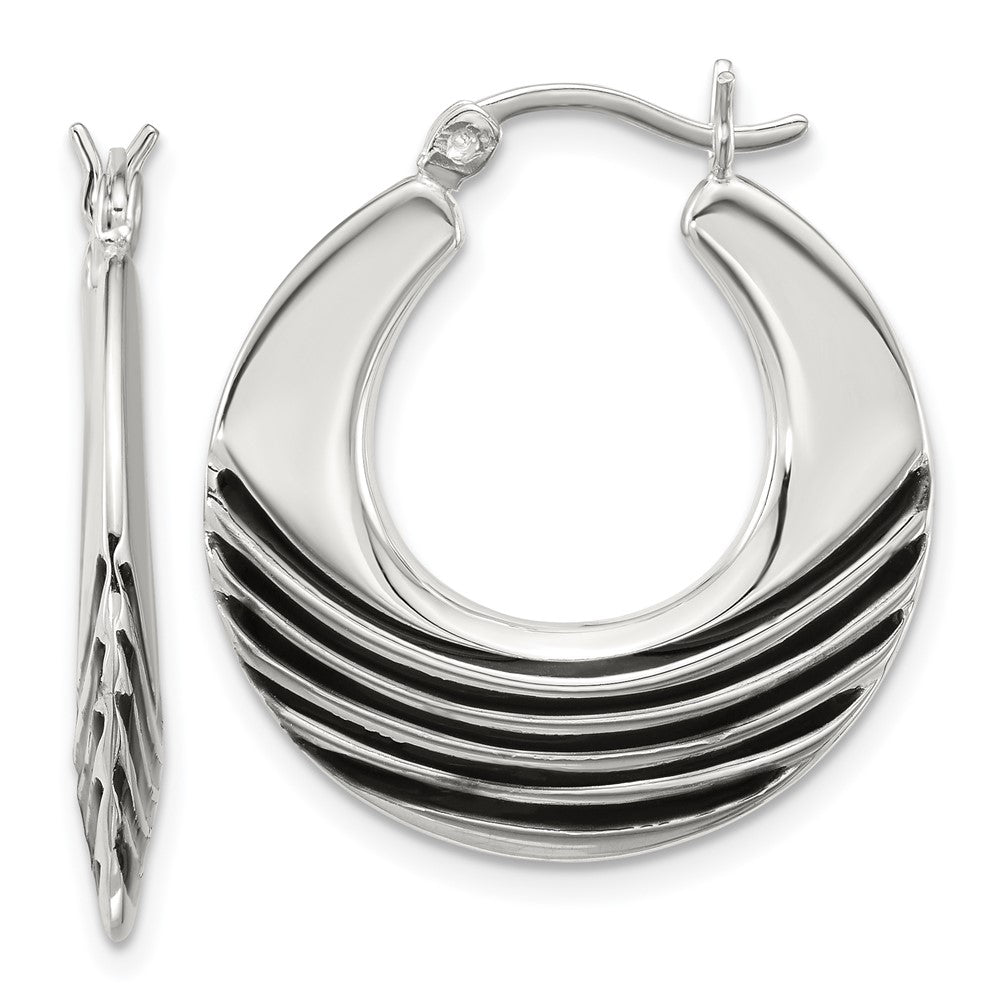 Sterling Silver Polished with Black Enamel Round Hoop Earrings