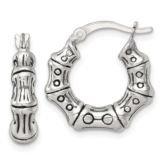 Sterling Silver Antiqued Textured Bamboo Round Hoop Earrings
