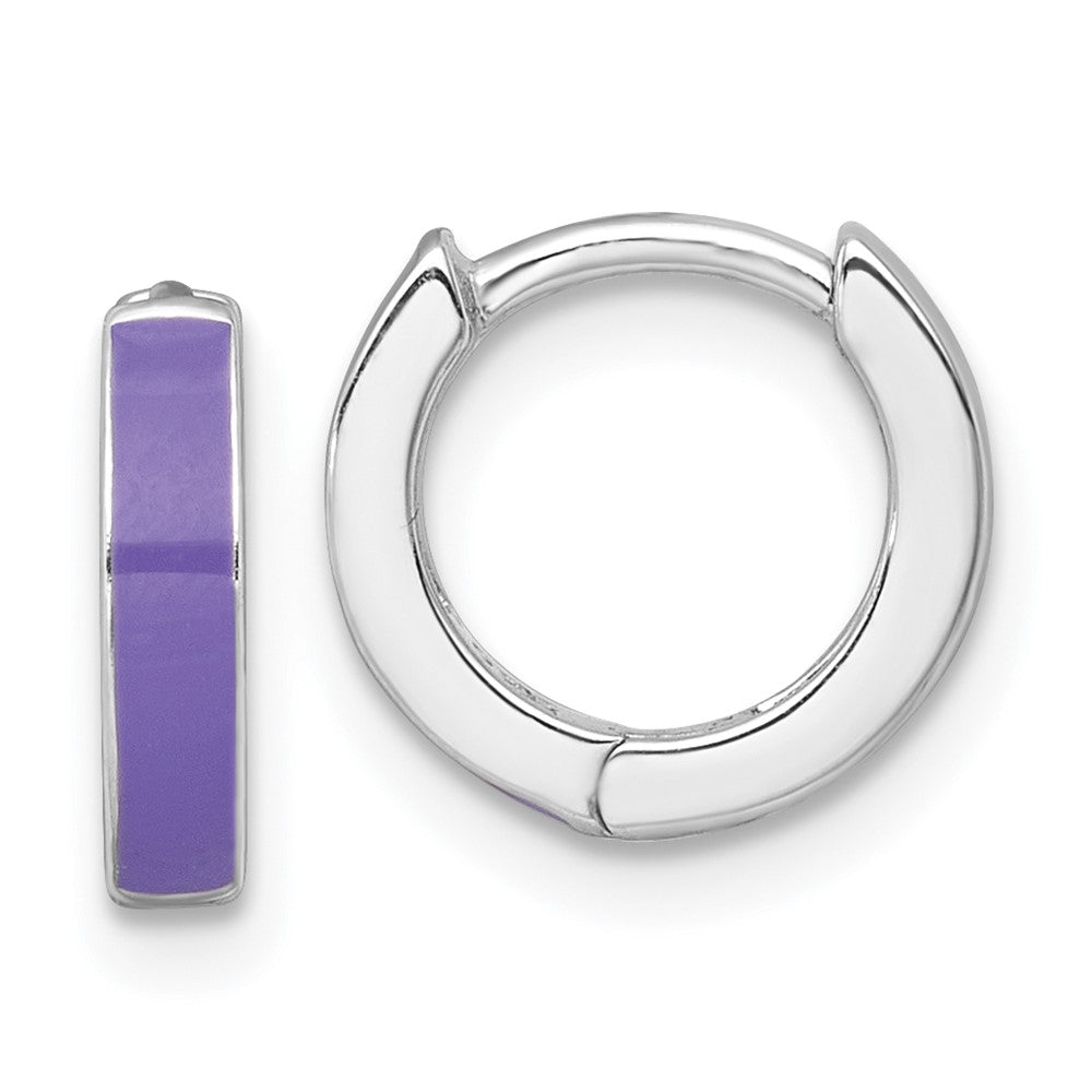 Sterling Silver RH-plated Purple Enameled Hinged Round Hoop Earrings