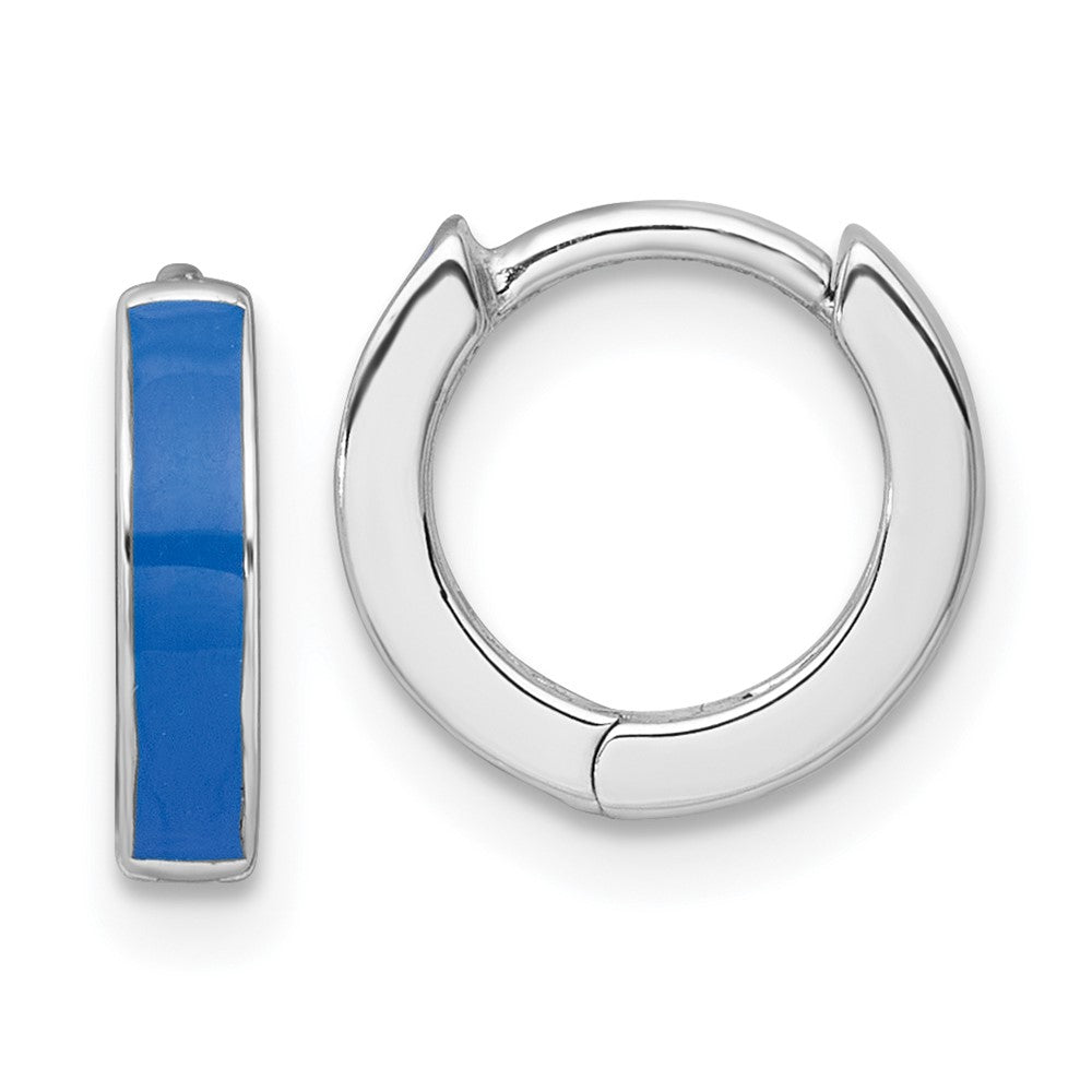 Sterling Silver RH-plated Blue Enameled Hinged Round Hoop Earrings